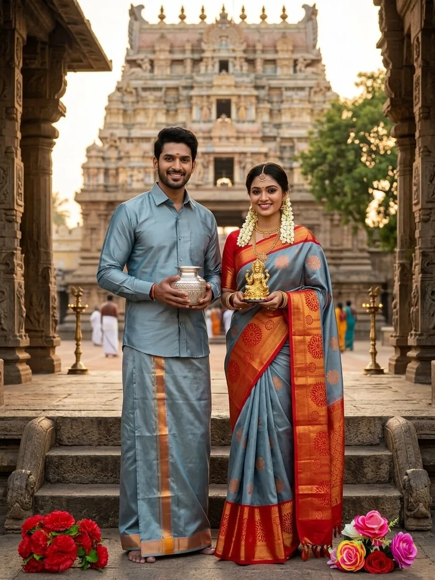 Grey with Red Semi Silk Couple Combo